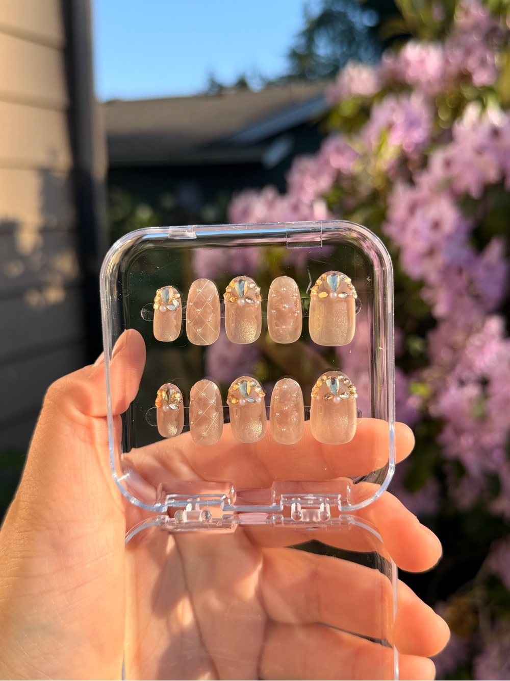 Size S Small Nude Beige Gold Acrylic Press-On Handmade Nails Set